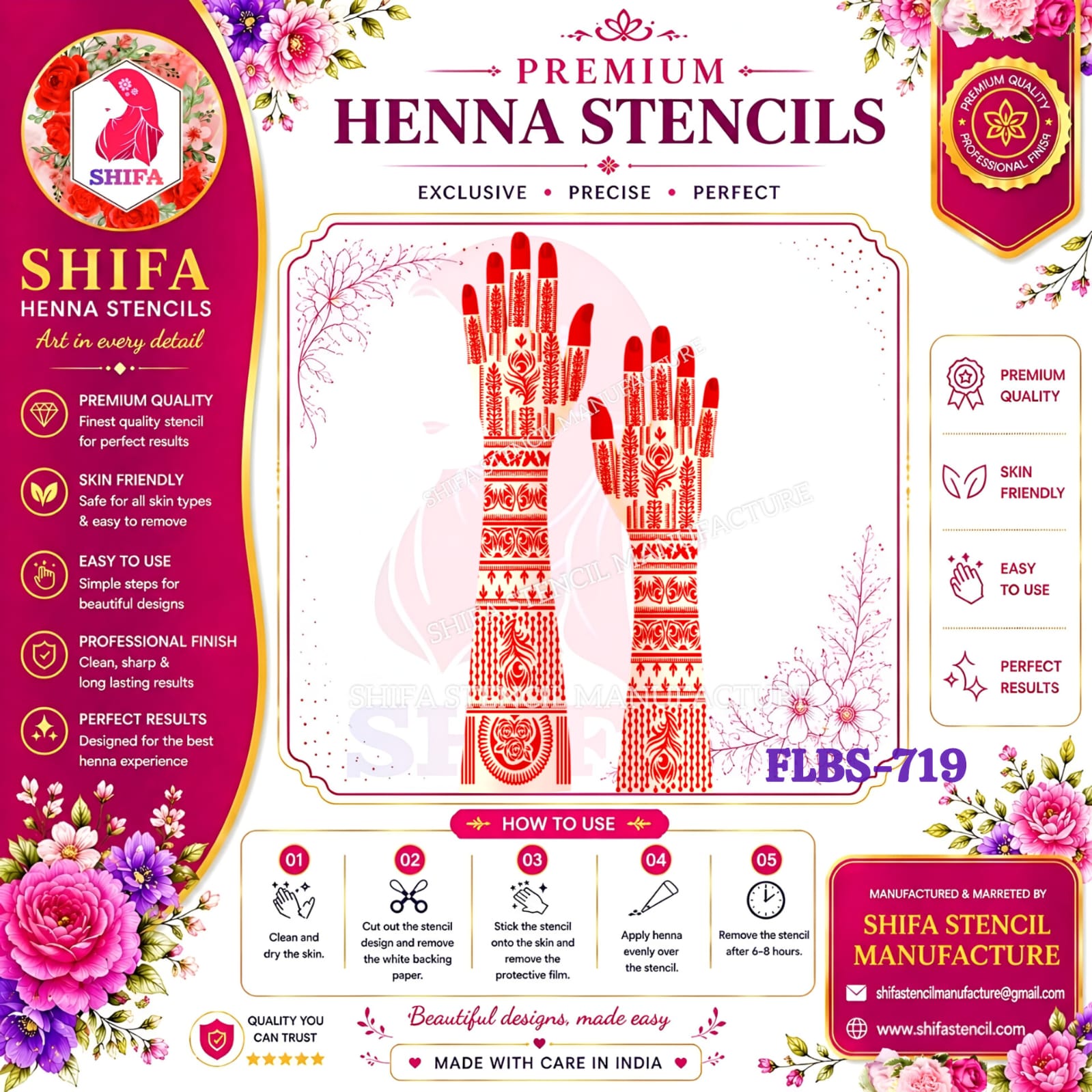 FLBS 719 Royal Peacock Floral Mehndi double hand Henna Stencil